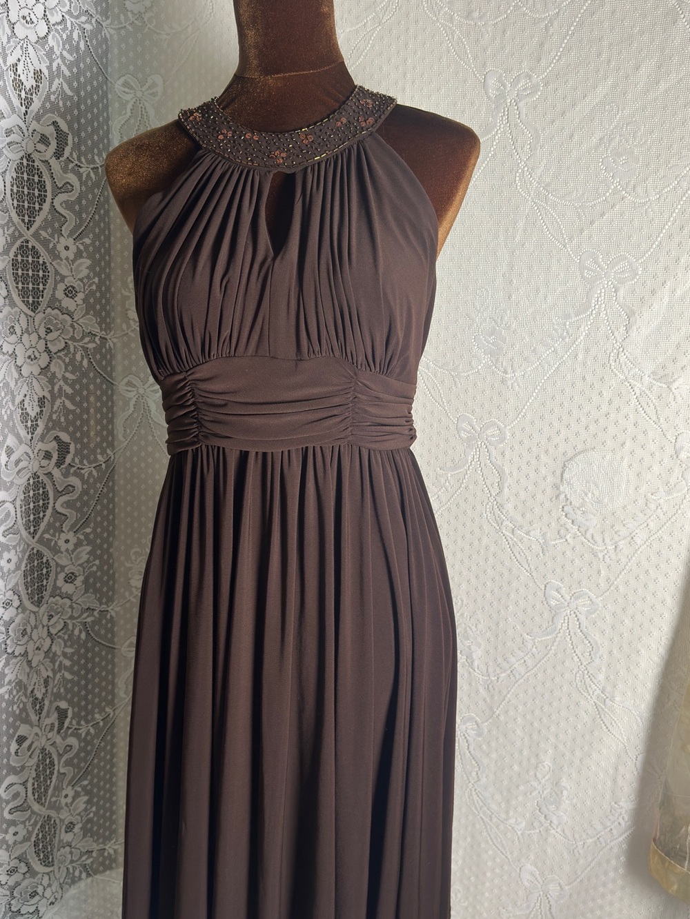 Jessica Howard Brown Halter Maxi Dress with Embellished Collar